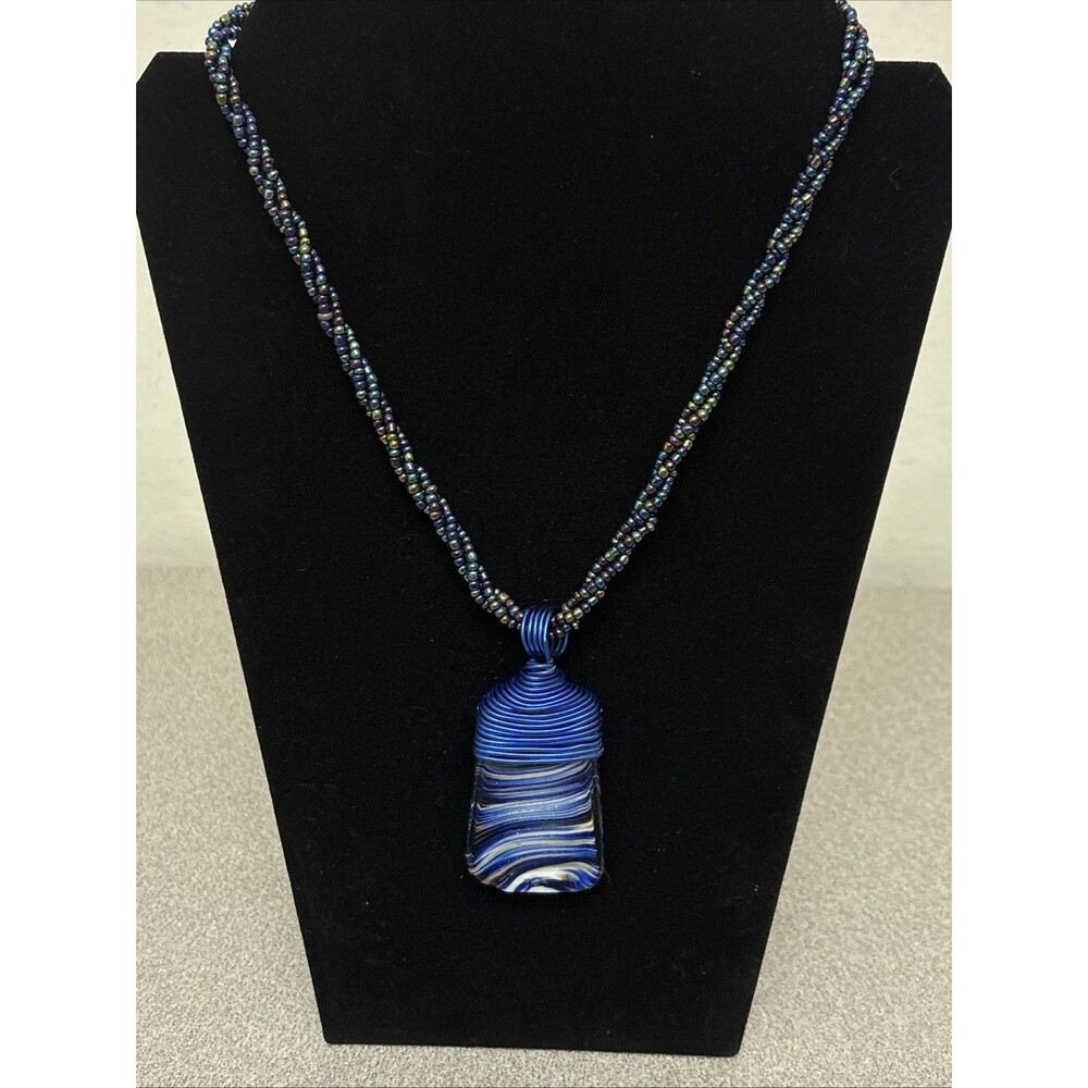 Wire Wrapped Dichroic Rectangular‎ Glass Pendant, Silver, Teal, Beaded Necklace